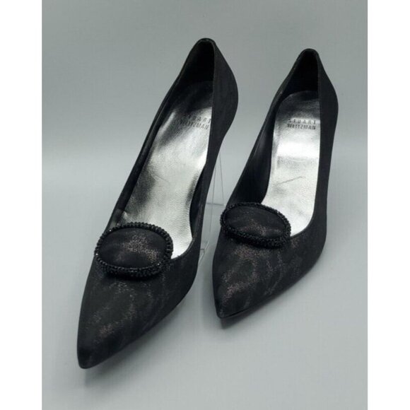 Stuart Weitzman Fabric Black Slight Animal Print Heels w/ Toe Deco Size 7M /37.5 - Picture 1 of 13